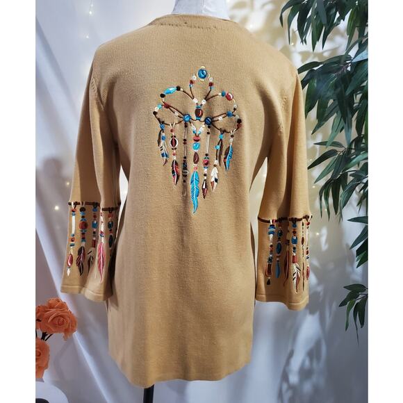 Bob Mackie Wearable Art Native Embroidered Feather Button Cardigan Sweater Sz XS - Picture 2 of 11